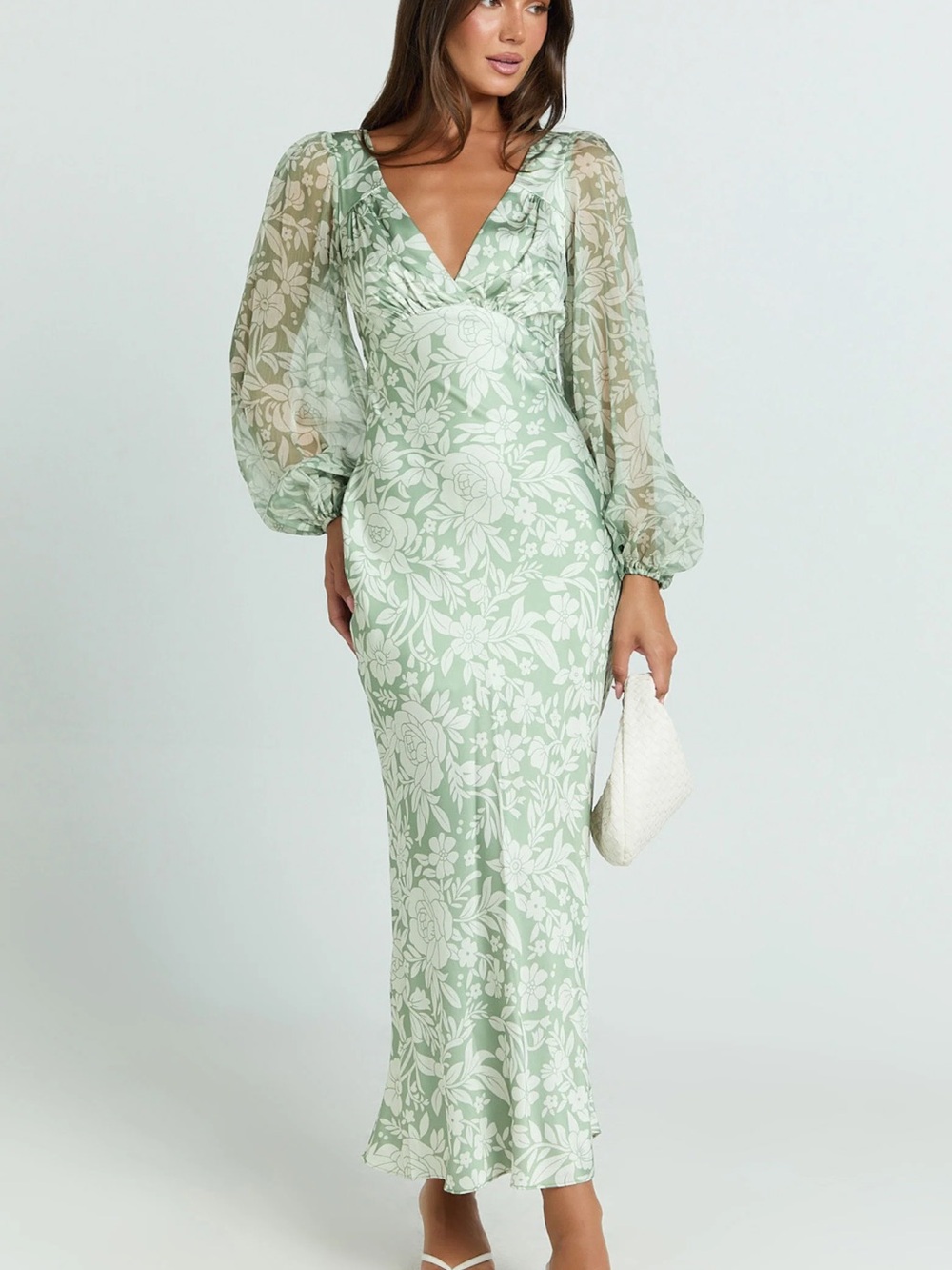 Showpo Sage Green Floral V-Neck Maxi Dress with Puff Sleeves